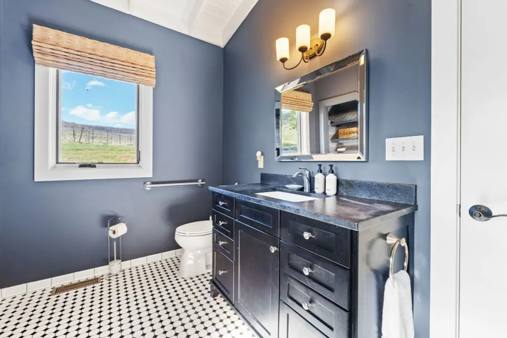 Bathroom with dark vanity, patterned floor, and vineyard view.