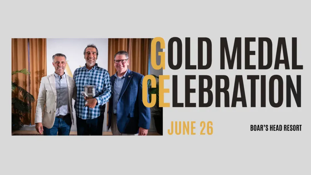 Gold Medal Celebration event on June 26 at Boar’s Head Resort. Promotional graphic featuring three people posing with a trophy and award recognition.