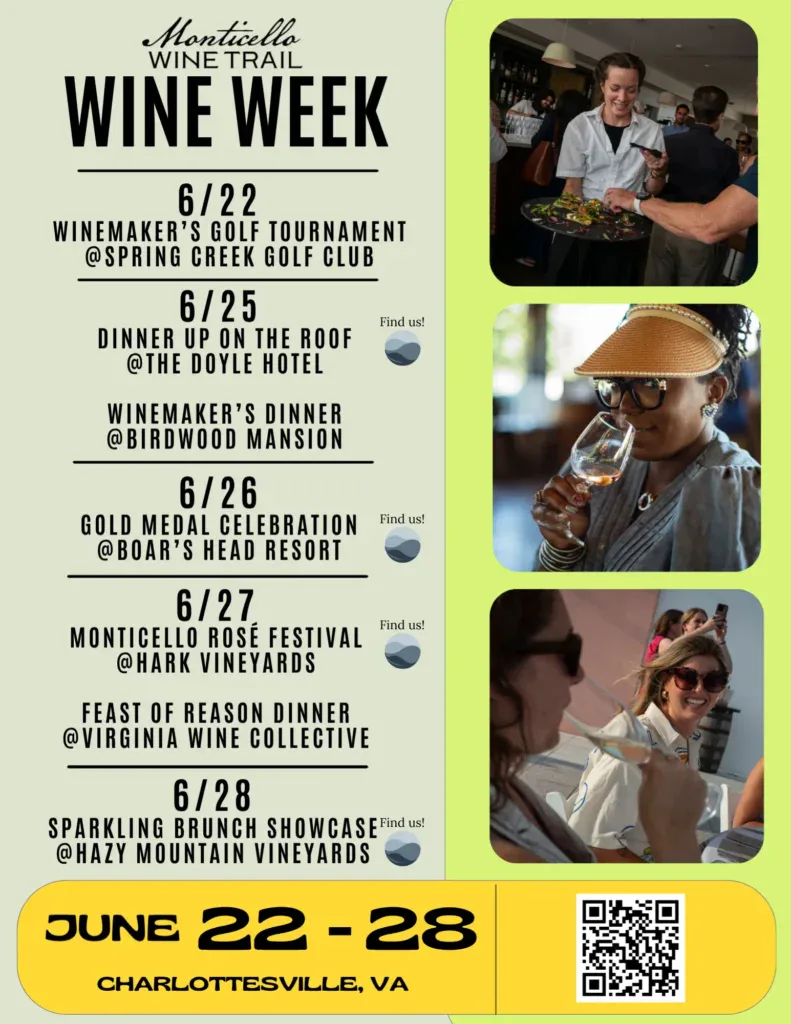 Monticello Wine Trail Wine Week in Charlottesville, Virginia from June 22 through June 28. Events include a Winemaker's Golf Tournament at Spring Creek Golf Club, Dinner Up On The Roof at The Doyle Hotel, Winemaker's Dinner at Birdwood Mansion, Gold Medal Celebration at Boar's Head Resort, Monticello Rosé Festival at Hark Vineyards, Feast of Reason Dinner at Virginia Wine Collective, and Sparkling Brunch Showcase at Hazy Mountain Vineyards. Poster includes wine tasting imagery and a QR code.