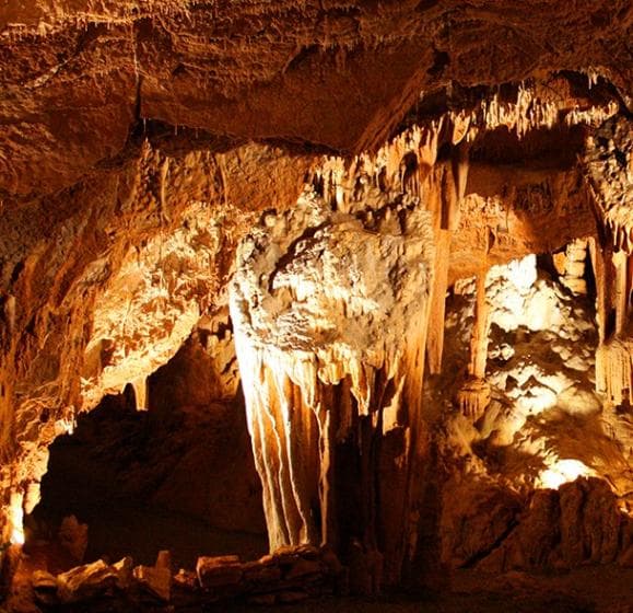 Inside the cave with lights.