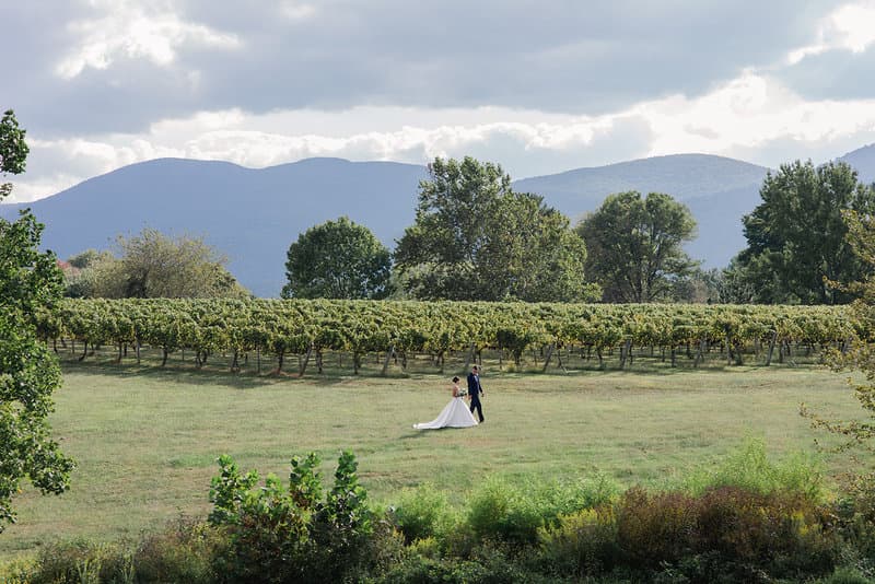 Married couple with a vineyard and mountain view in the background.